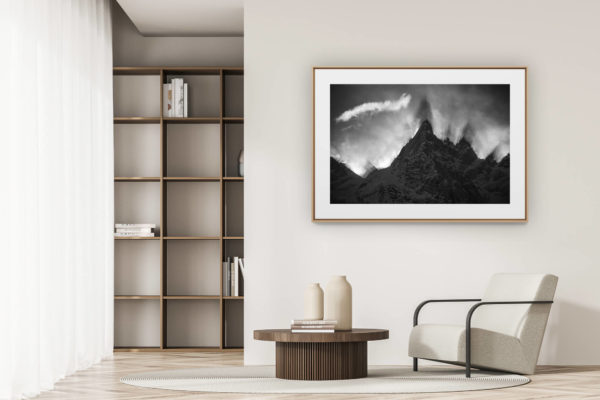 déco tendance salon moderne - photo montagne noir et blanc grand format - Image montagne - Aiguille du midi-Chamonix-Mont Blanc-Aiguille de Blaitière - Aiguille des Ciseaux - Aiguille du Fou