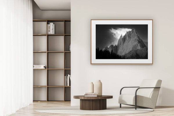 déco tendance salon moderne - photo montagne noir et blanc grand format - Chamonix aiguille du midi- Photo montagne noir et blanc
