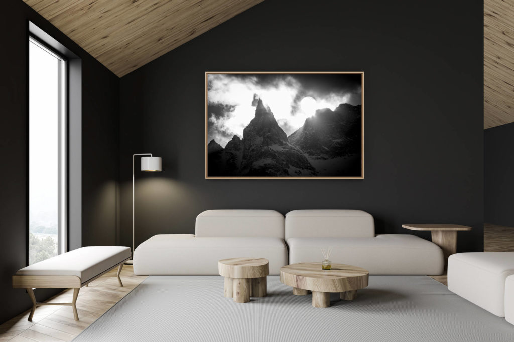 swiss chalet decoration - swiss chalet interior - large mountain picture - Aiguille de la Tsa - image of a mountain landscape in black and white under the sun before a snow storm