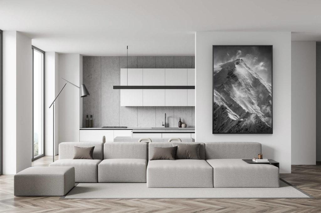 Wanddekoration Wohnzimmer Schweiz - Bergfoto schwarz und weiß - trendige Esszimmerdekoration - Mont Blanc - Foto Berglandschaft - Aiguille du Gouter