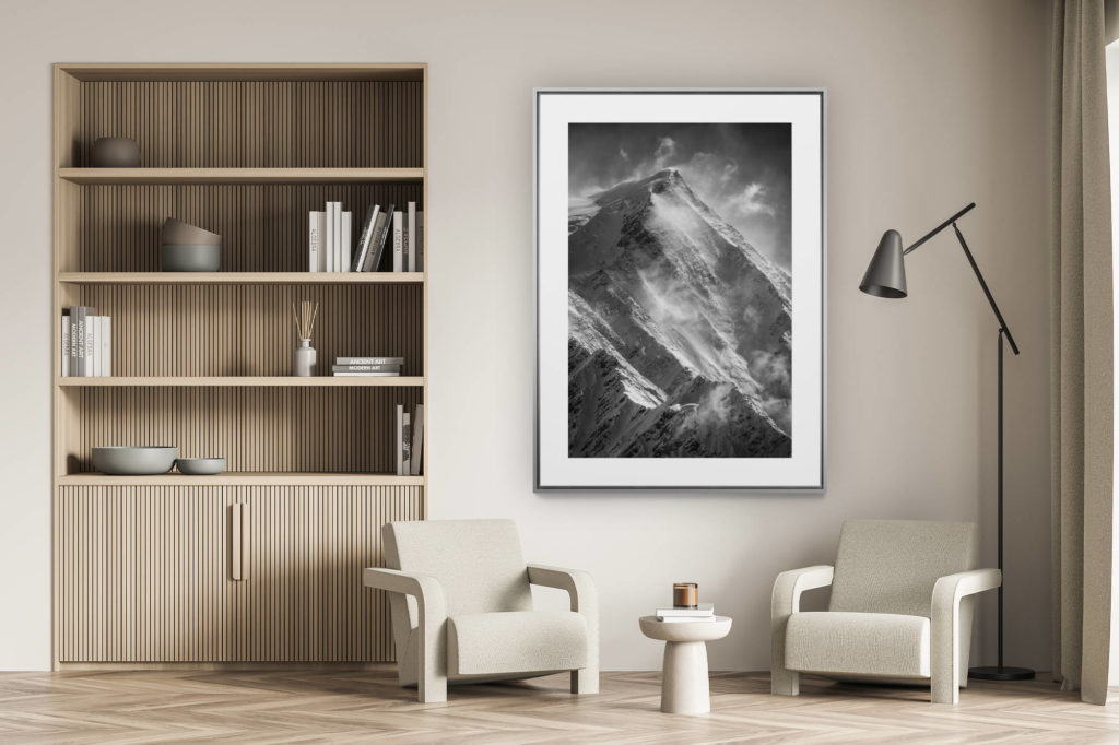 Wanddekoration Wohnzimmer - Foto Berg Schweizer Alpen schwarz und weiß - Mont Blanc - Foto Berglandschaft - Aiguille du Gouter