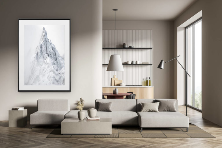 déco tendance salon moderne - photo montagne noir et blanc grand format - photo montagne aiguilles de chamonix - météo chamonix - montagnes avec de la neige