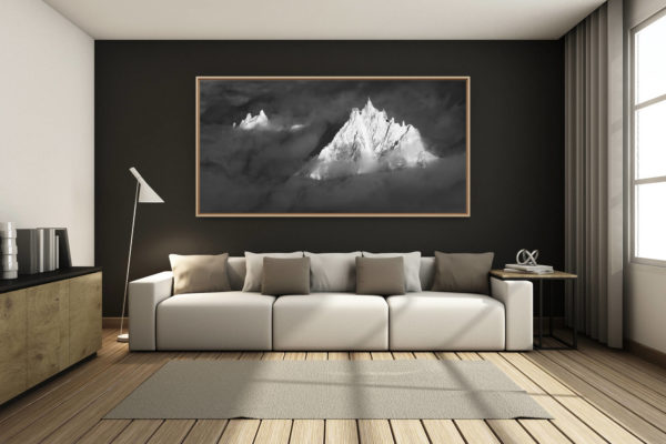 déco salon chalet rénové de montagne - photo montagne grand format -  - photo aiguille du midi chamonix panorama