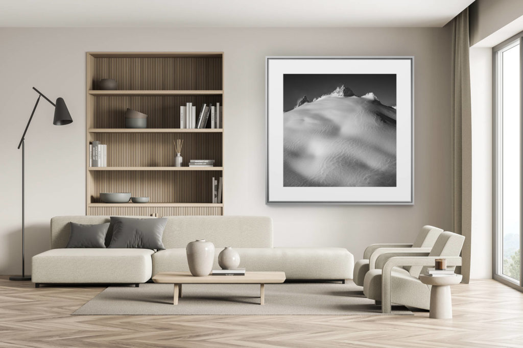 décoration chalet suisse - intérieur chalet suisse - photo montagne grand format - Aiguille du tour - image de montagne et de neige en noir et blanc dans le plateau de Trient