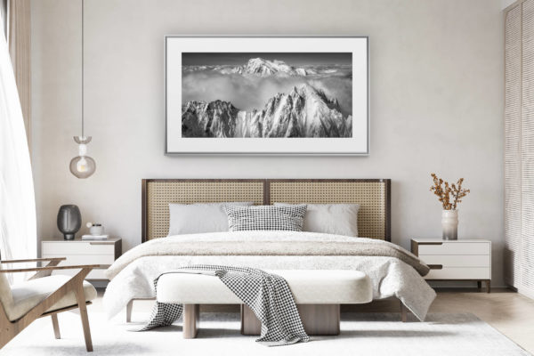 decorating a room in a renovated Swiss chalet - large panoramic mountain photo - Aiguille Verte and Mont-Blanc - Chamonix panoramic mont blanc - Normal way in black and white
