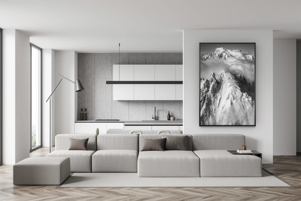 décoration murale salon suisse - photo montagne noir et blanc - déco salle à manger tendance - Aiguille verte Chamonix - Vertical Mont Blanc en vue panoramique de montagne noir et blanc