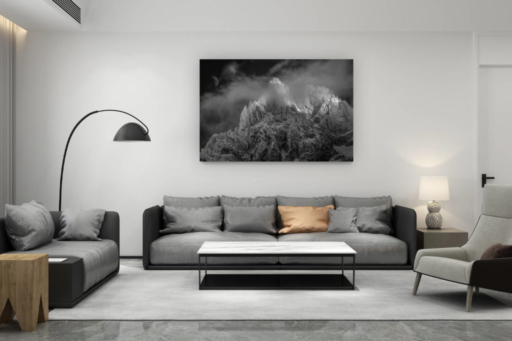 décoration salon contemporain suisse - cadeau amoureux de montagne suisse - photo noir et blanc des aiguilles du midi Chamonix - Mont Blanc