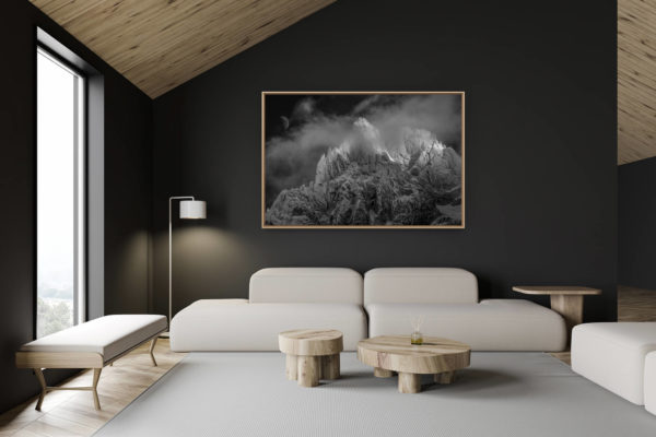 décoration chalet suisse - intérieur chalet suisse - photo montagne grand format - photo noir et blanc des aiguilles du midi Chamonix - Mont Blanc