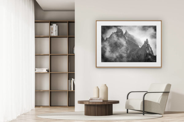 déco tendance salon moderne - photo montagne noir et blanc grand format - Noir et blanc des Aiguilles de Chamonix - Mont Blanc