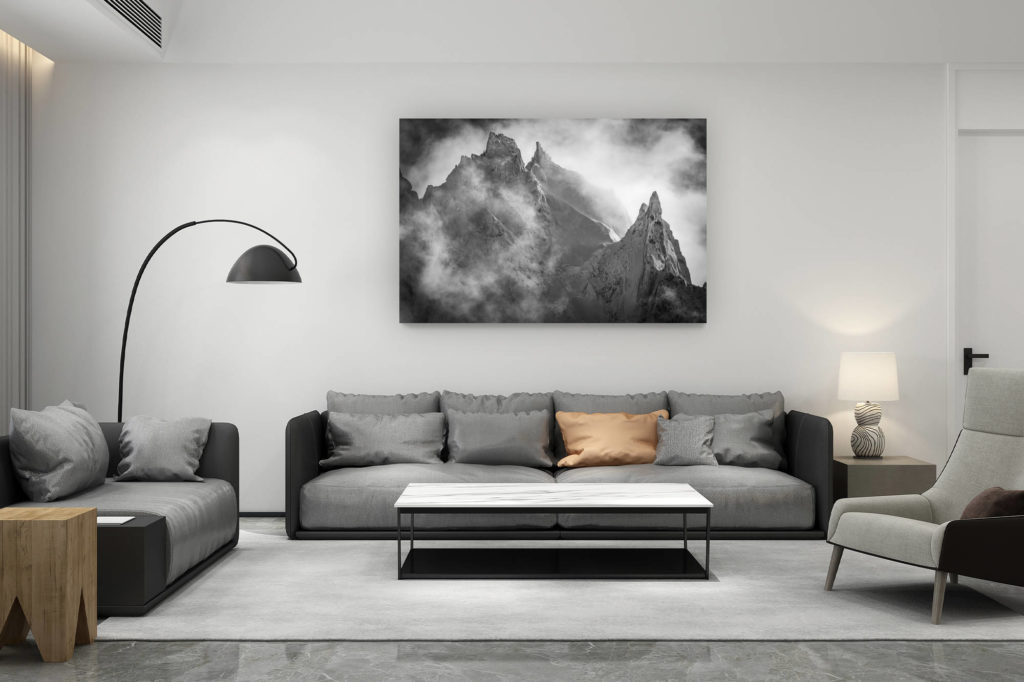 living room decoration contemporary - swiss mountain lover gift - Black and white of the Aiguilles de Chamonix - Mont Blanc