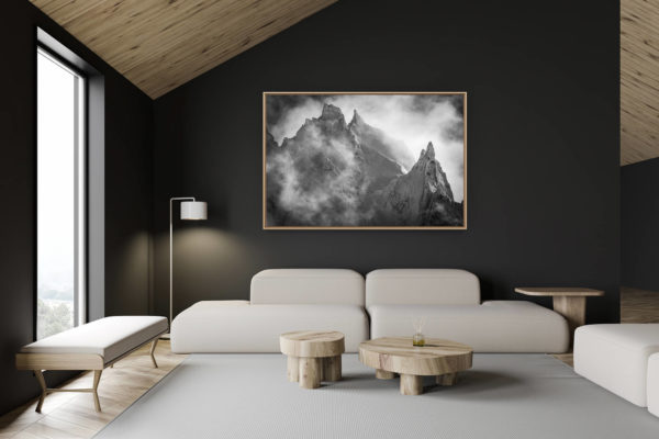 décoration chalet suisse - intérieur chalet suisse - photo montagne grand format - Noir et blanc des Aiguilles de Chamonix - Mont Blanc