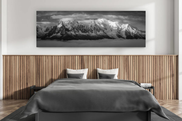 modern adult bedroom wall decoration - swiss chalet interior - large size mountain picture swiss alps - Mont-Blanc Massif -Chamonix - Aiguille de Chamonix