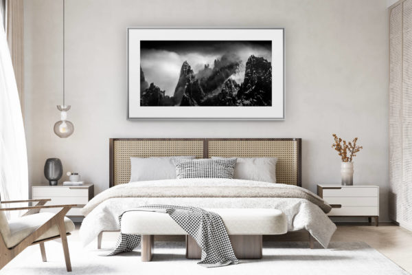 decorating a room in a renovated Swiss chalet - panoramic mountain photo - black and white mountain photo - Aiguille du midi-Chamonix-Mont Blanc-