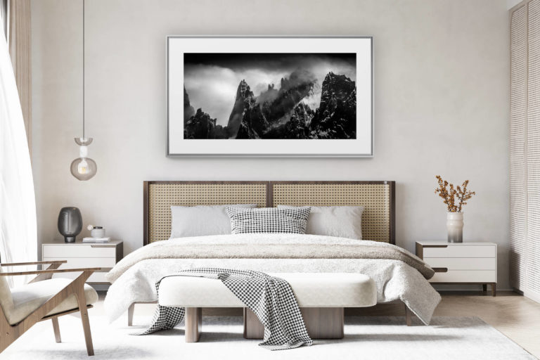 déco chambre chalet suisse rénové - photo panoramique montagne grand format - Photo montagne noir et blanc - Aiguille du midi-Chamonix-Mont Blanc-