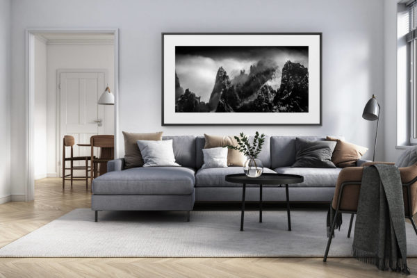 décoration intérieur salon rénové suisse - photo alpes panoramique grand format - Photo montagne noir et blanc - Aiguille du midi-Chamonix-Mont Blanc-