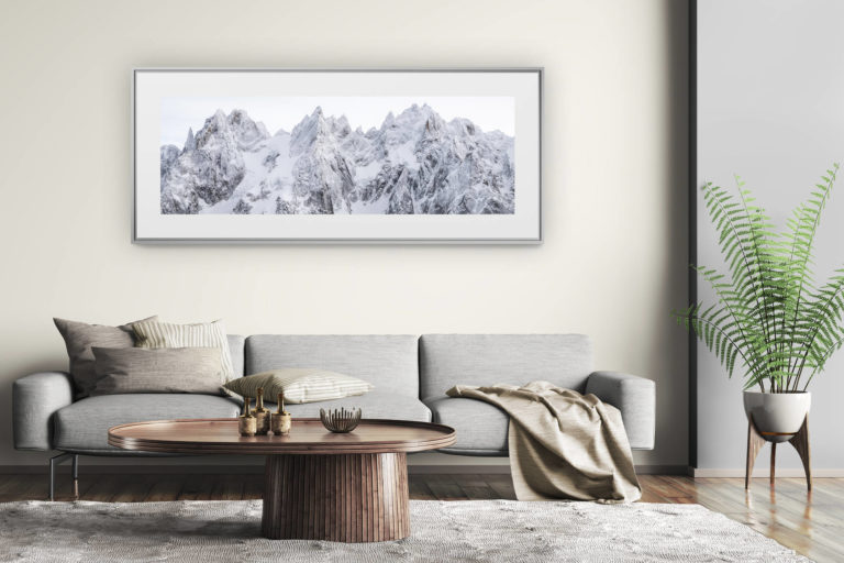 tableau montagne grand format - décoration murale salon moderne - Photo panoramique ds Aiguilles de Chamonix - Panaorama sur les aiguilles de Chamonix en hiver