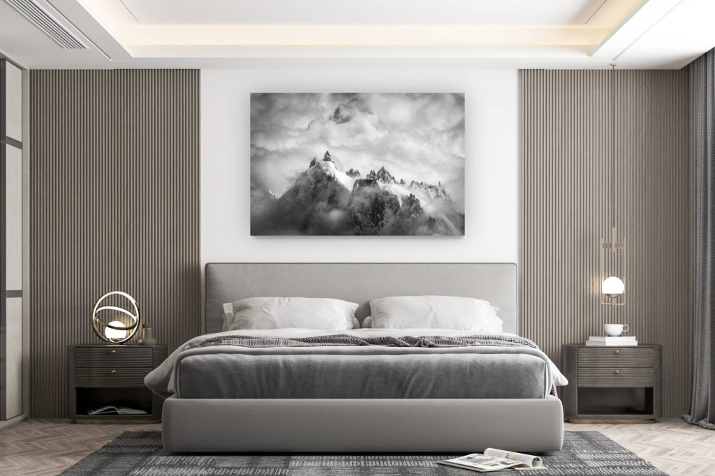 décoration murale chambre design - achat photo de montagne grand format - Aiguilles de chamonix - aiguilles de chamonix panorama dans une mer de nuages et de brume après une tempête en montagne