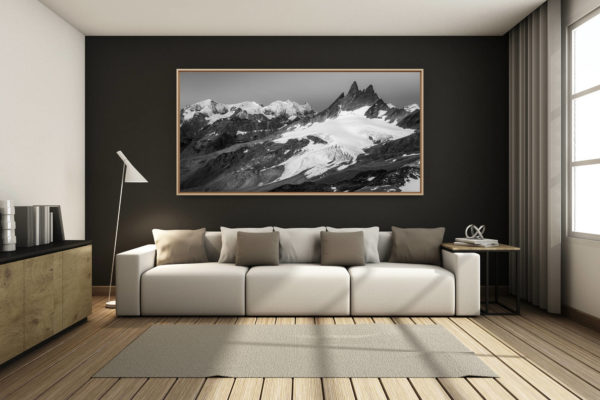 déco salon chalet rénové de montagne - photo montagne grand format -  - Vue panoramique des sommets de montagnes enneigés d'Arolla aiguilles rouges - Mont Blanc de Cheillon et la Ruinette