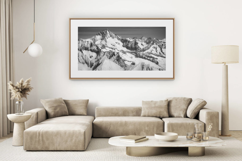 décoration salon clair rénové - photo montagne grand format - Aletschhorn et Alpes bernoises noir et blanc - Photo des sommets Alpes et des massif montagneux de Suisse