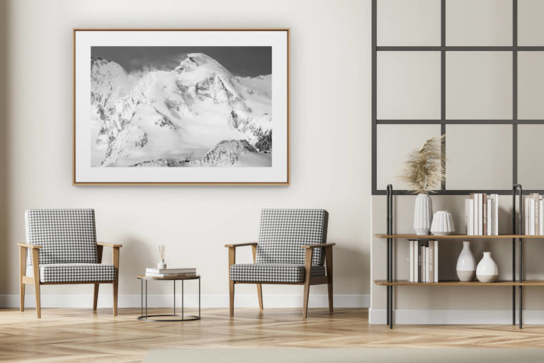 décoration intérieur moderne avec photo de montagne noir et blanc grand format - Allalinhorn, sommet des Alpes suisses en noir et blanc -
