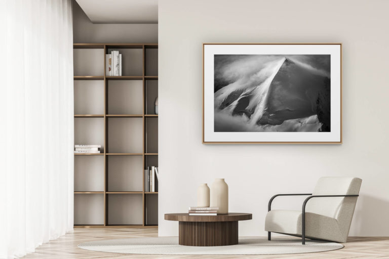 déco tendance salon moderne - photo montagne noir et blanc grand format - 4000 facile des alpes saas-fee - allalinhorn premier 4000 - allalinhorn saas fee - voie normale - photo sommet neige