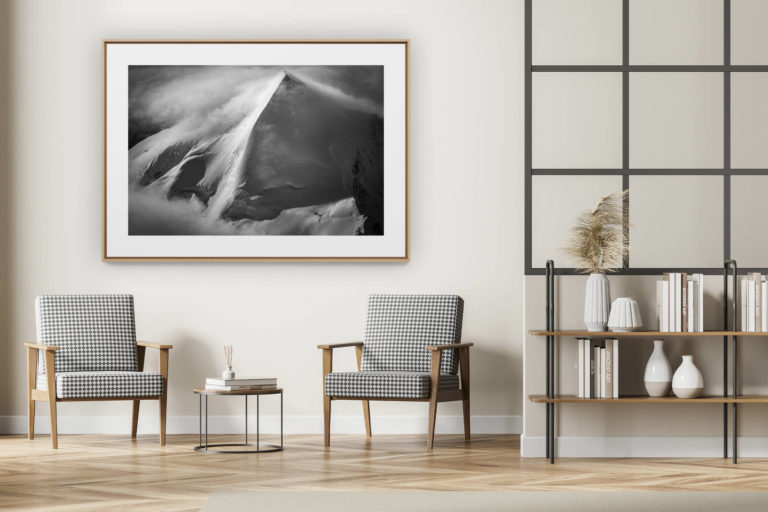 décoration intérieur moderne avec photo de montagne noir et blanc grand format - 4000 facile des alpes saas-fee - allalinhorn premier 4000 - allalinhorn saas fee - voie normale - photo sommet neige