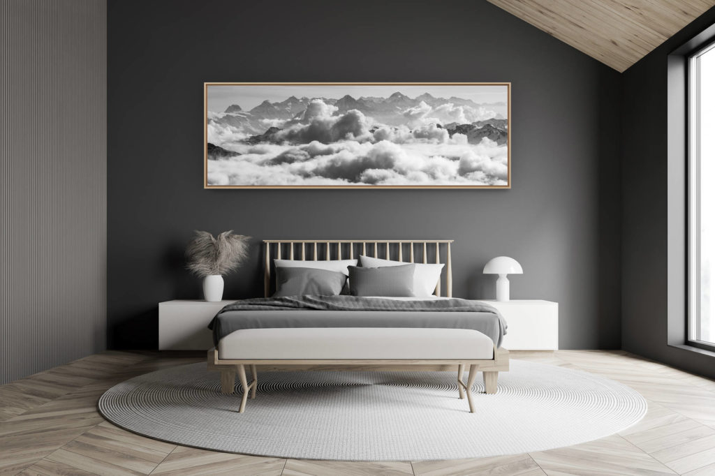 modern adult bedroom decoration in a small swiss chalet - panoramic mountain picture bernese alps swiss - Photo bernese alps