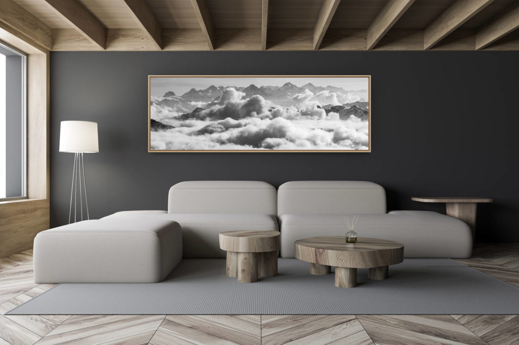décoration salon chalet moderne - intérieur petit chalet suisse - photo montagne noir et blanc grand format - Image montagne panoramique Alpes Bernoises suisses - Photo alpes Bernoises