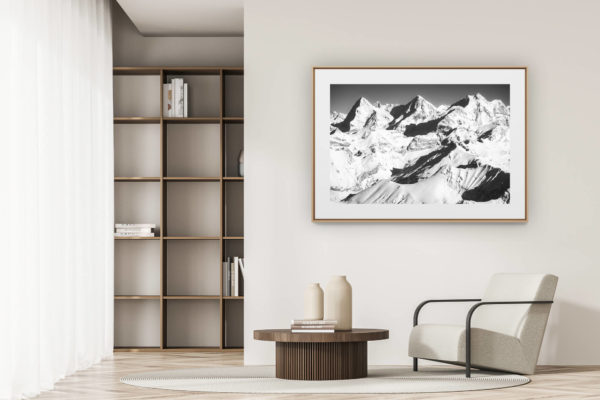 déco tendance salon moderne - photo montagne noir et blanc grand format - Canton de berne switzerland - image de Sommet de montagne dans les Alpes - Massif montagneux eiger, jungfrau, monch