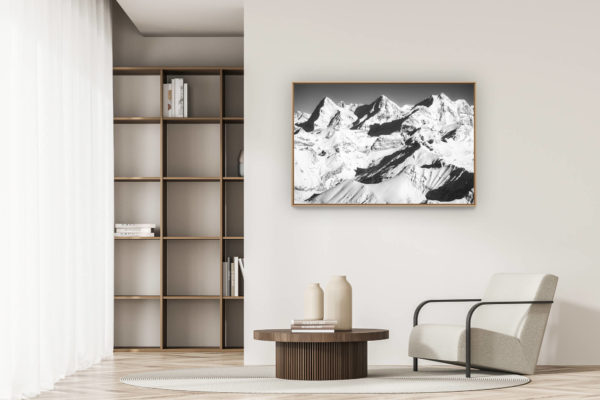 modern apartment decoration - art deco design - Canton of berne switzerland - image of summit mountain in the Alps - Mountain range eiger, jungfrau, monch