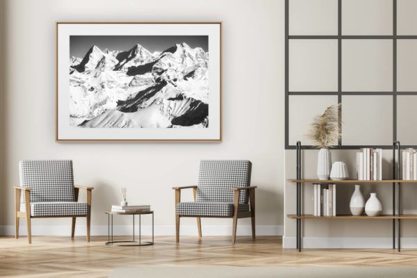 décoration intérieur moderne avec photo de montagne noir et blanc grand format - Canton de berne switzerland - image de Sommet de montagne dans les Alpes - Massif montagneux eiger, jungfrau, monch