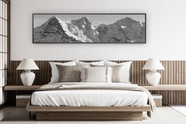 modern adult bedroom decoration - large mountain picture - Black and white panorama of bernese alps - Rocky mountains in Switzerland