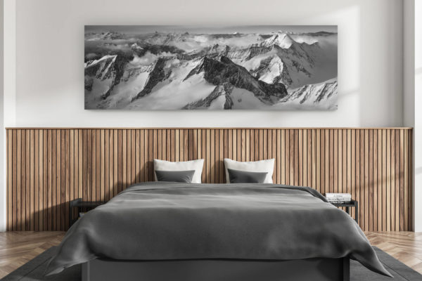 décoration murale chambre adulte moderne - intérieur chalet suisse - photo montagnes grand format alpes suisses - Photo panoramique de neige en montagne sur les sommets des Alpes et le Mont Blanc