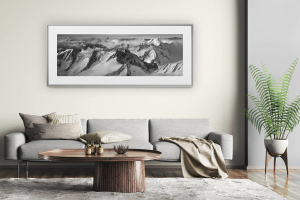 tableau montagne grand format - décoration murale salon moderne - Photo panoramique de neige en montagne sur les sommets des Alpes et le Mont Blanc