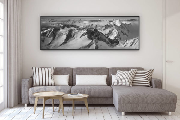 décoration murale design salon moderne - photo montagne grand format - Photo panoramique de neige en montagne sur les sommets des Alpes et le Mont Blanc