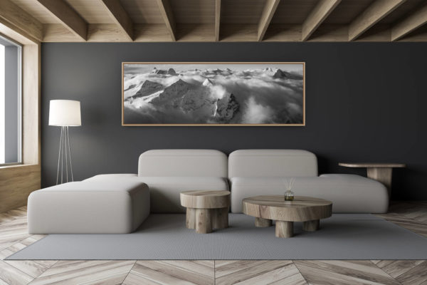 décoration salon chalet moderne - intérieur petit chalet suisse - photo montagne noir et blanc grand format - Panorama montagne - Vue panoramique montagne des Alpes Bernoises