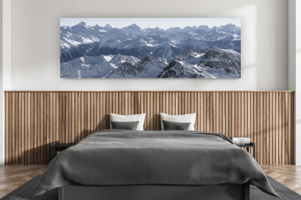 wall decoration adult room modern - interior swiss chalet - photo mountains large size swiss alps - Panoramic picture of the mountains of Crans montana Switzerland to frame in a photo frame