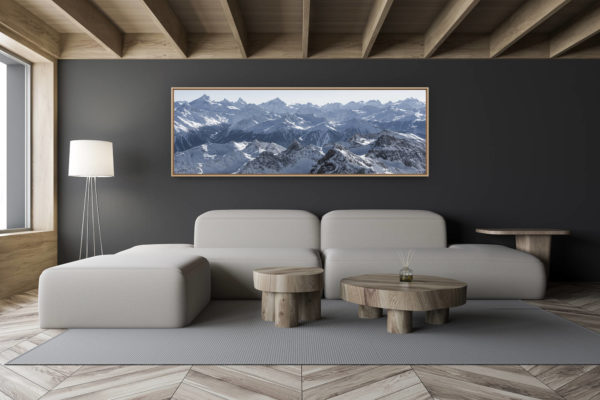 décoration salon chalet moderne - intérieur petit chalet suisse - photo montagne noir et blanc grand format - Image panoramique des montagnes de Crans montana Suisse à encadrer dans un tableau photo