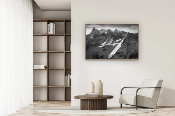 modern apartment decoration - art deco design - Beautiful mountain picture - Mountain panorama in the Valais Alps around Verbier - black and white mountain picture - mountain landscape - swiss mountain picture