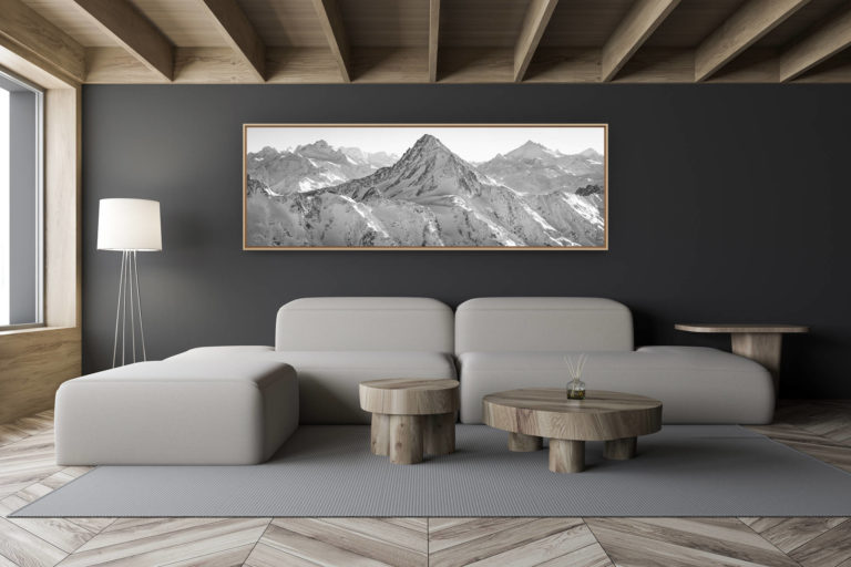 décoration salon chalet moderne - intérieur petit chalet suisse - photo montagne noir et blanc grand format - Poster panoramique Alpes Suisses Valaisannes - Bietschorn - Michabels - Weisshorn