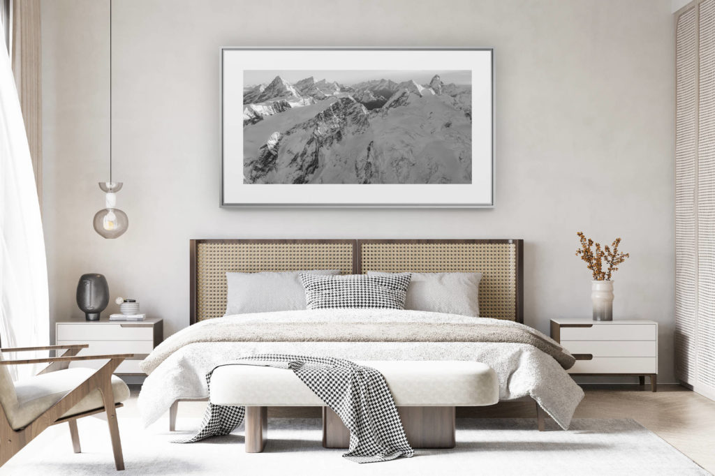 decorating a room in a renovated swiss chalet - panoramic mountain picture large size - Black and white panoramic view of summit of the Valais Alps - Canton of Valais - Crans Montana - Val d’Anniviers