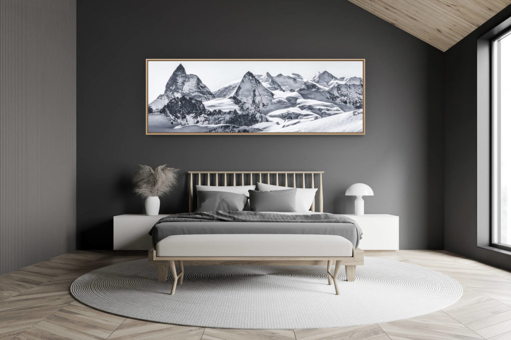 modern adult bedroom decoration in a small swiss chalet - large mountain picture - Panorama of snowy mountains in the Valais Alps seen from Cheillon in the Val d&#039;Hérens