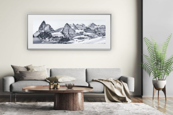 tableau montagne grand format - décoration murale salon moderne - Panorama de montagnes enneigées des Alpes valaisannes vue de Cheillon dans le val d'Hérens