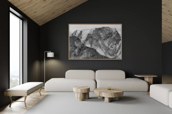 décoration chalet suisse - intérieur chalet suisse - photo montagne grand format - Alphubel - Photo des montagnes et des Glaciers des Alpes de Zermatt, Crans Montana et Saas fee noir et blanc