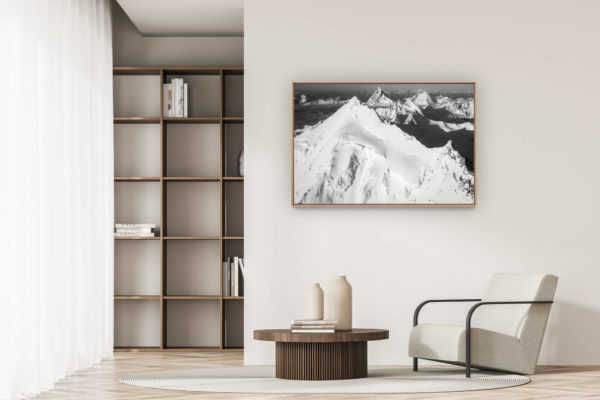 modern apartment decoration - art deco design - Black and white image of summits snowy mountains of the Weisshornnorth ridge