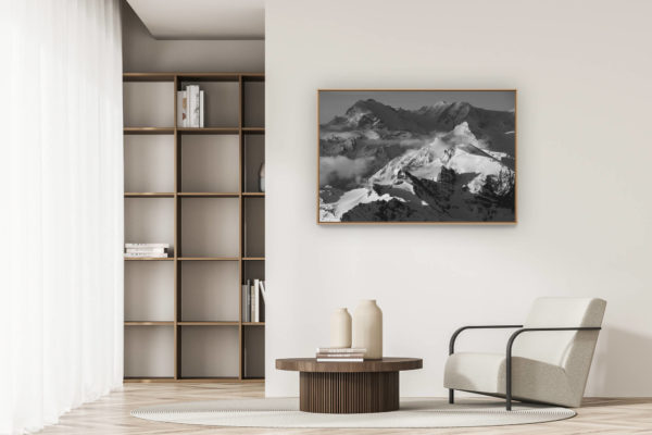 décoration appartement moderne - art déco design - Brunegghorn - Brunegghorn - Mont Rose-  Zermatt - Photo noir et blanc d'un sommet de montagne sous la neige et le soleil