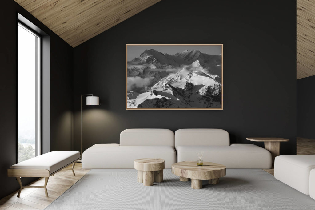 décoration chalet suisse - intérieur chalet suisse - photo montagne grand format - Brunegghorn - Brunegghorn - Mont Rose-  Zermatt - Photo noir et blanc d'un sommet de montagne sous la neige et le soleil