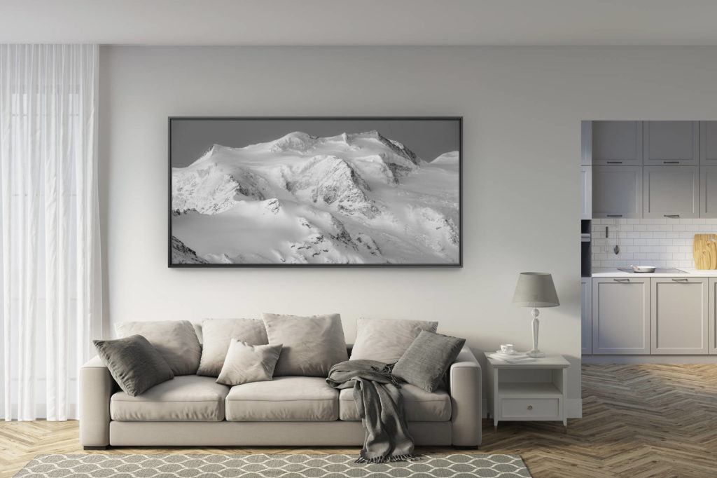 déco salon rénové - tendance photo montagne grand format - Engadine grisons - Image noir et blanc montagne Bellavista - Alpes Suisses