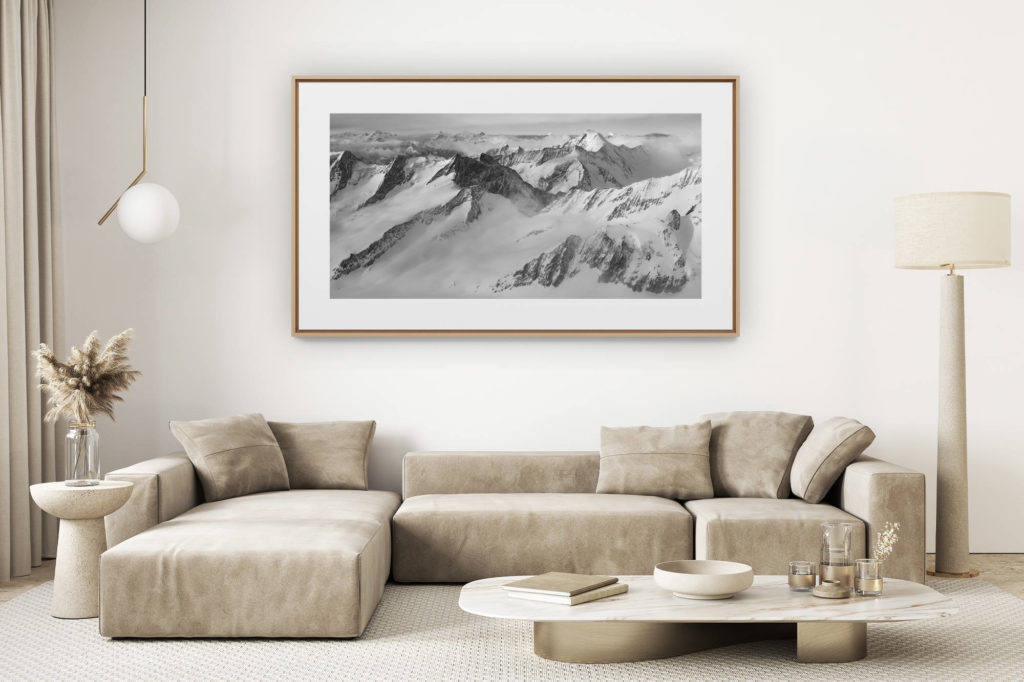 décoration salon clair rénové - photo montagne grand format - Glacier des Alpes Oberland - Photo panoramique des montagnes suisses bernoises en noir et blanc