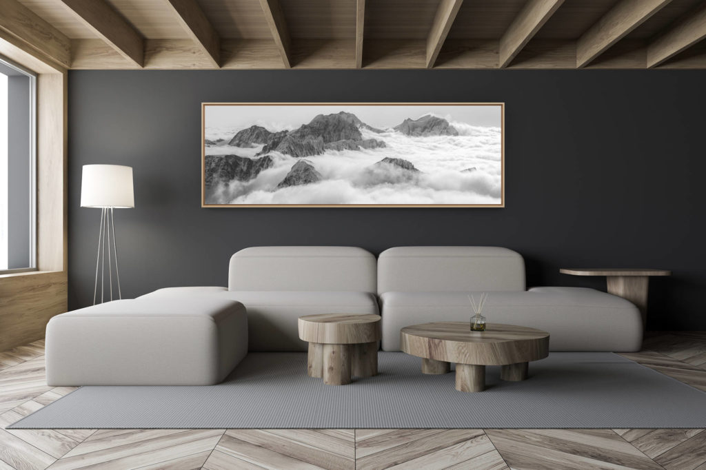modern chalet living room decoration - small swiss chalet interior - black and white mountain picture large size - Panoramic picture of the Bernina Massif with clouds